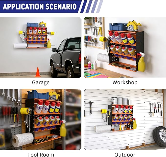Wall Mount Spray Can Holder, Aerosol Spray Bottle Holder Storage Rack, Heavy-Duty Paint Bottle Organizer with 8 Can Holes & 4 Steel Hooks, 4 Plastic Hooks for Garage, Shop, Home or Tool Trailer