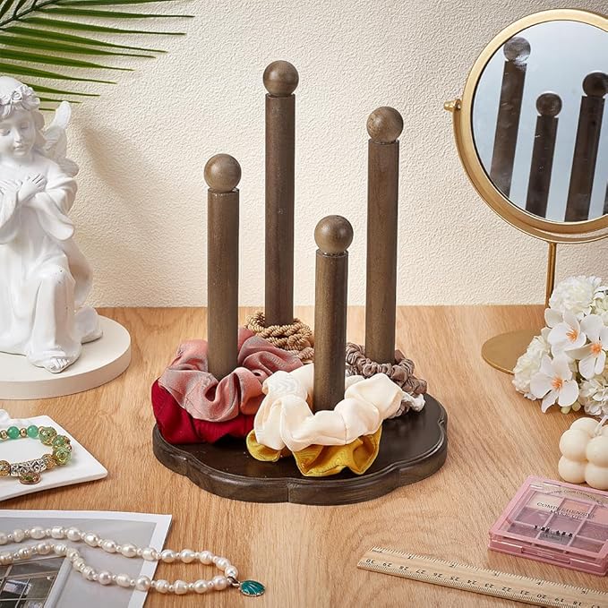 FINGERINSPIRE Wooden Scrunchie Holder 4 Tier Hair Tie Storage Stand with Flower Base Detachable Wood Hair Accessory Holder Flower Shape Scrunchie Organizer for Home Bathroom Bedroom Vanity Table
