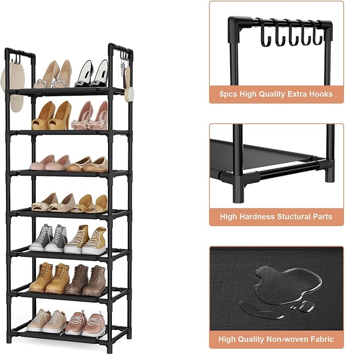 7 Tiers Shoe Rack 18-20 Pairs Boots Organizer Storage Sturdy Narrow Shoe Shelf for Entryway, Closets with Hooks, Black