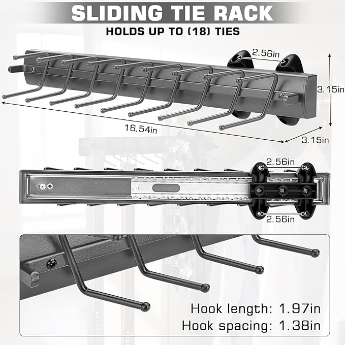 Sliding Tie Racks, 18 Tie Hanger Pull Out Belt Rack 16.5'' Aluminum Alloy Extendable Wardrobe Closet Organizer with 18 Hooks for Belts, Ties, and Scarves, 16.5'' x 3.15''(Sprayed Grey)