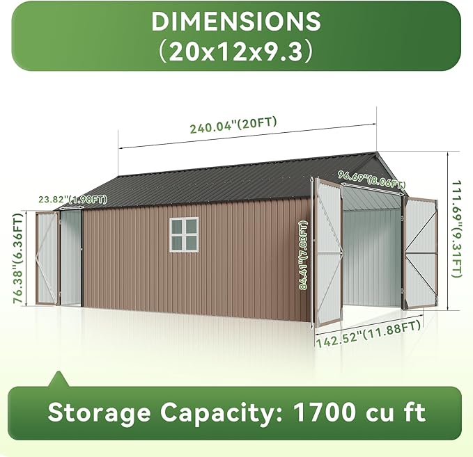 Aoxun 12x20x9.3 FT Shed Outdoor Metal Garage Shed 1700 CUFT Extra Large Storage Shed for Vehicles & Sundries 11" Snow Load Double-Door All-Weather Garden Shed (Brown)