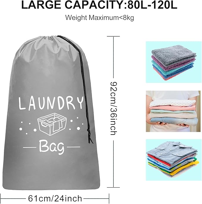 Sylfairy 2 Pack Extra Large Travel Laundry Bag, Rip-Stop Dirty Clothes Shoulder Bag with Drawstring, Heavy Duty Travel Laundry Bag, Large Laundry Hamper Liner (Black+Light Grey, 24" x 36")