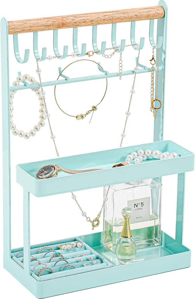 Lolalet 4-Tier Jewelry Organizer Stand with 12 Hooks, Necklace Bracelet Ring & Sunglasses Holder, Cute Metal Jewelry Storage Rack for Vanity, Dresser or Entryway, No Assembly -Light Blue