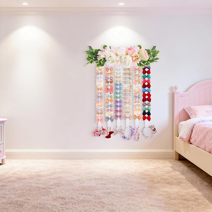 Hair Bows Holder Headband Organizer for Girls,Baby Hair Accessories Organizer Hair Clips Hanger Storage with Hooks, Wall Hanging Decor for Nursery Room (FB-GJ-White, JS95*38CM)