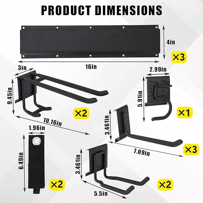 48" Garage Tool Organizer Wall Mount, Heavy-Duty Garden Tool Storage Organization System with 8 Adjustable Hooks & 2 Straps for Garage Basement Yard Shed (13 Pcs) Black