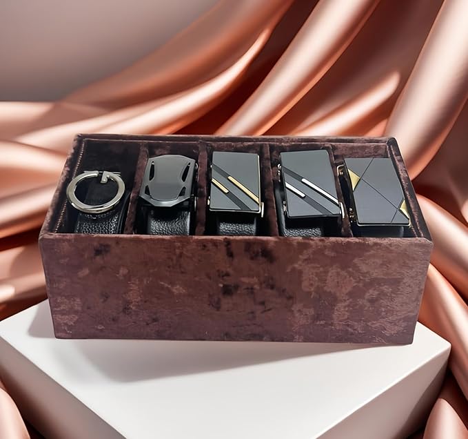 AgentMoon Luxury Velour Ties Storage Organizer with 6 Compartments,Dresser Drawer Wardrobe Storage Box for Headscarf and Belts,Bras, Bow Ties,Ribbons.12 x 8 x 3 inches. (Brown)