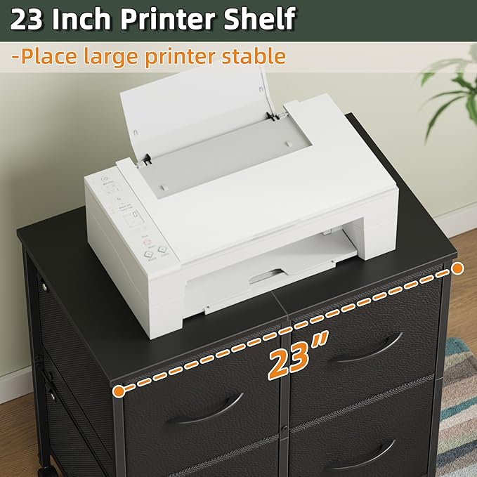 4 Drawer Lateral File Cabinet, Mobile Filing Cabinet for Large Printer, Home Office Functional Small Office Storage Cabinet & Printer Stand, Fits Letter/A4, Black