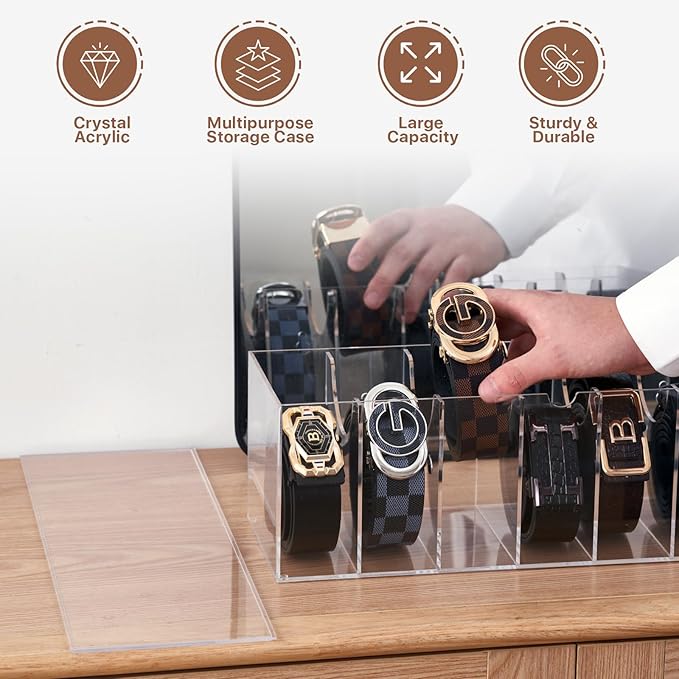 Acrylic Belt Organizer for Closet - 7 Compartments With Dust Cover Transparent Storage Holder | Display Case for Makeup, Jewelry, Watches, Bow Tie, & Bracelets | Multipurpose Clear Containers