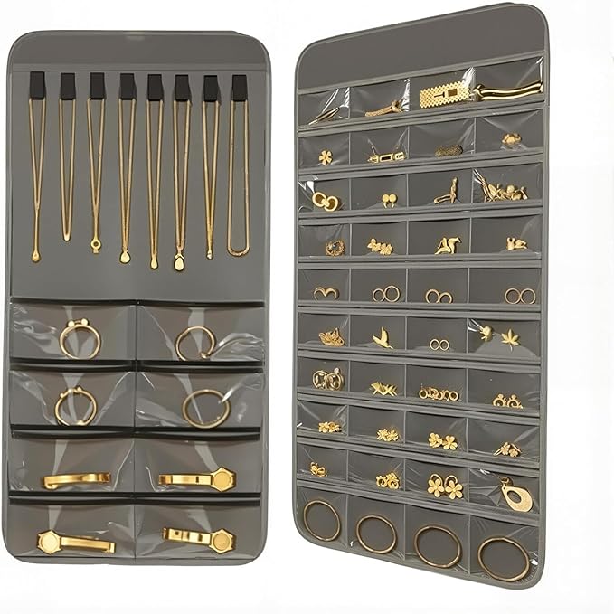 Hanging Jewelry Organizer,80+48 Clear Pockets and 8 Hooks for Jewelries Dual-Sided Display Holder,Wardrobe Storage Holder with Hook for Storing Jewelries Earrings Necklaces Rings Bracelets Glasses