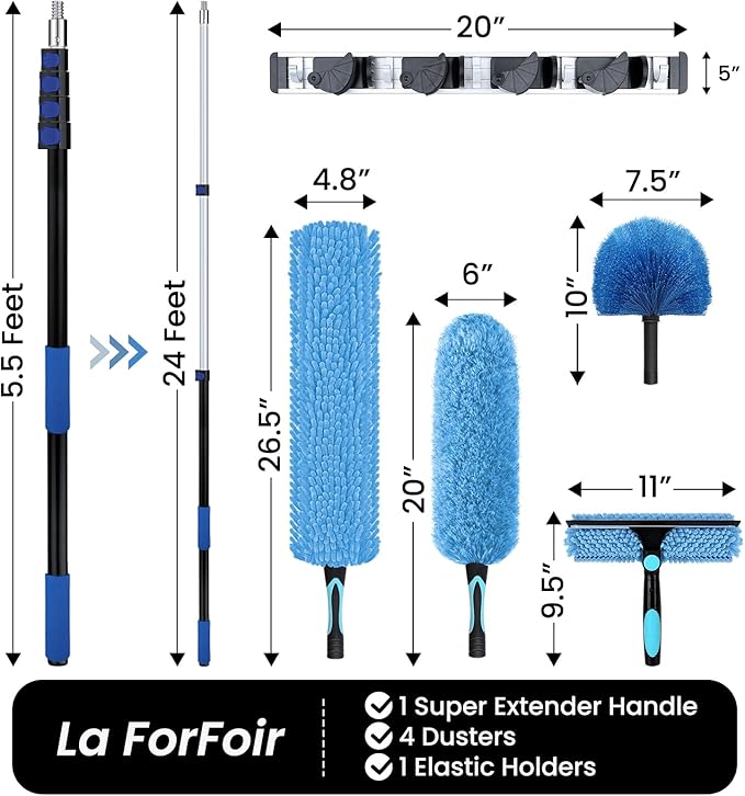 30ft High Ceiling Duster Kits with 5-24ft Heavy Duty Extension Pole - Fan Blade Cleaner, Cobweb Remover & Blue Window Squeegee Kit, Washable Dust Brush for High Roof and Glass Surfaces