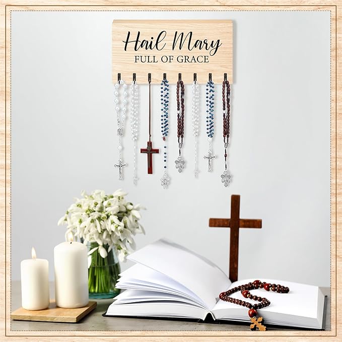 Large Wooden Rosary Holder Wall Mounted with 8 Hangers Catholic Rosary Storage Organizer Decorative Hanger Holder for Necklace, Bracelet Prayer Storage (Natural)
