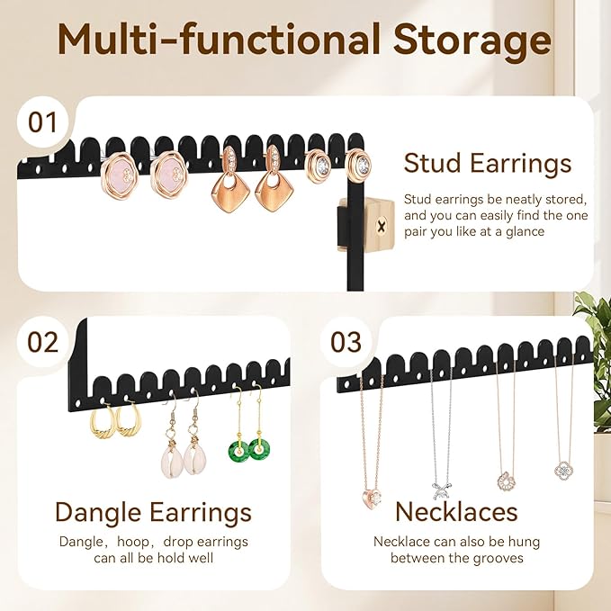 2 Tier Earring Holder Organizer Wall Mounted,2PCS Metal Earring Display Storage with 96 Holes and 92 Grooves Hanging Jewelry Organizer Tree for Stud/Hoop/Dangle Earrings Necklace(Black)