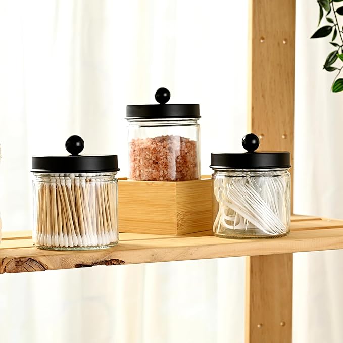 SheeChung Bathroom Organizers and Storage - 3Pack Qtip Holders Bathroom Canister Apothecary Jars for Cotton Swabs, Rounds, Balls, Qtips,Makeup Sponges, Flossers,Bath Salts - Black