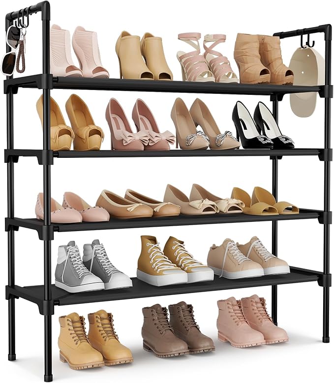 4 Tier Shoe Rack for Closet Shoe Organizer with 5 Hooks, Long Shoe Shelf Storage for Shoe and Boot Stackable Free Standing Shoe Rack for Entryway, Garage, Small Spaces, Dorm, Black