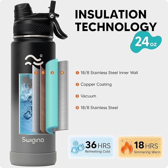 [2-IN-1 LID] Insulated Water Bottle with Silicone Boot (36hrs Cold/18hrs Hot) - DIY Stickers, Leakproof, BPA Free, 24 oz