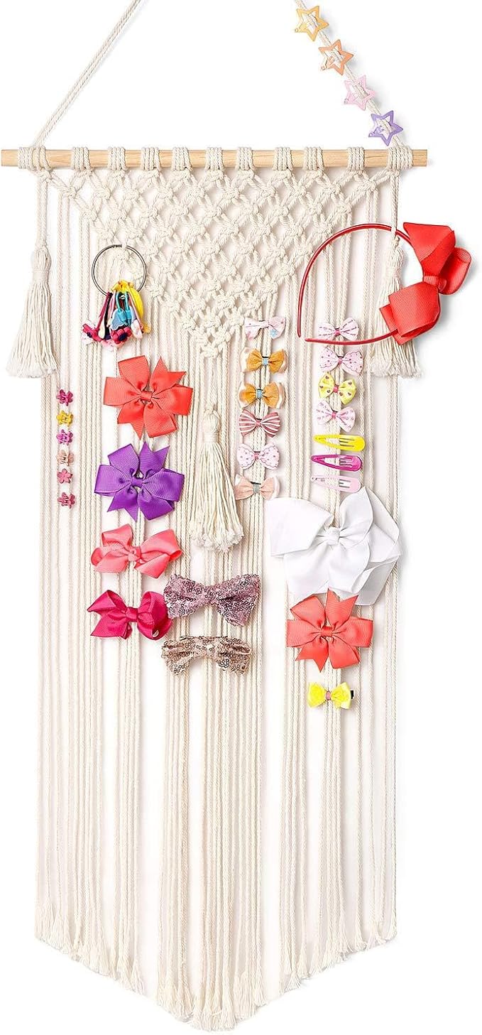 Macrame Hair Bow Holder Hanging Hair Clips Hanger Headband Storage Organizer Fringe Boho Wall Decor Tassels Bow Organizer for Room Ornament Decoration