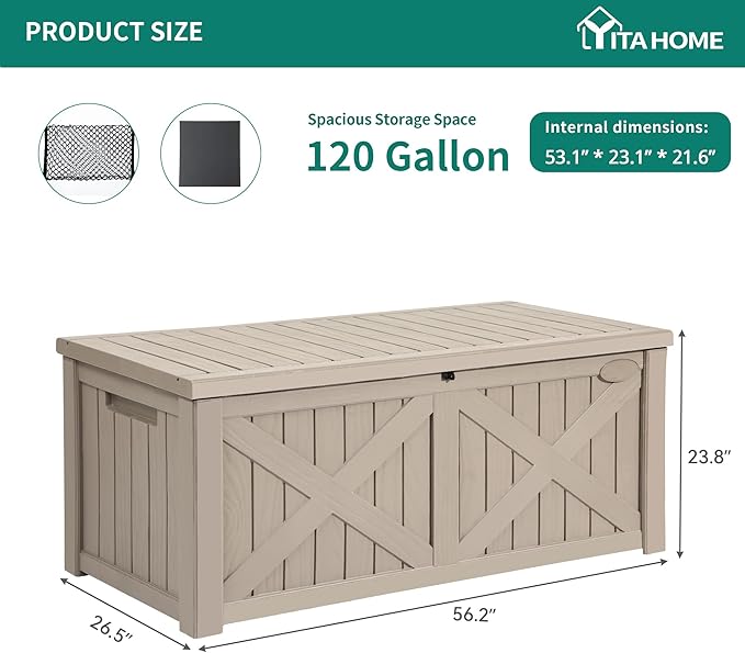 YITAHOME 150 Gallon Large Outdoor Storage Box with X-Shaped Front, Waterproof Resin Deck Box Cushion Storage Bench for Patio, Pool Supplies, Garden Tools- Lockable, Taupe