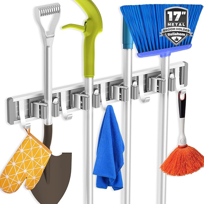 reliahom Broom Holder Wall Mount, 4 Racks with 5 Hooks Silver - Mop Storage Tool Racks, Broom Hanger Tool Organizer for Garage, Kitchen, Garden, Laundry Room