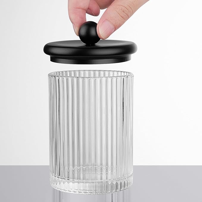 SheeChung 1-Pack Black Ribbed Glass Qtip Holder - Apothecary Jar Bathroom Organizer with Metal Lid - Small Vanity Canister for Cotton Swabs, Rounds, Floss Picks - Modern Luxury Decor