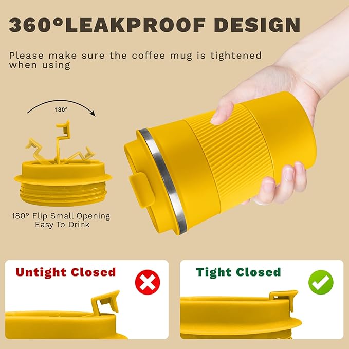 Vacuum-Insulated Stainless Steel Travel Coffee Mug, Leak-Proof Reusable Coffee Cup with Lid-Keeps Drinks Hot & Cold for Hours, Durable Double Wall Tumbler for Men & Women (3rd-Yellow, 17OZ)