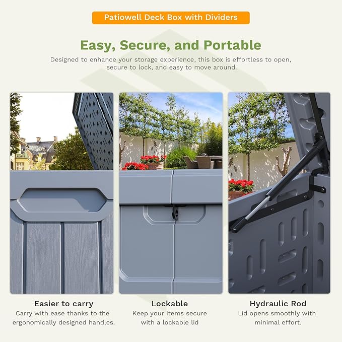 Patiowell 230 Gallon Large Deck Box, Outdoor Lockable Storage Box with Divider, Waterproof and UV-Resistant Deck Box for Patio Furniture and Garden Tools, Grey