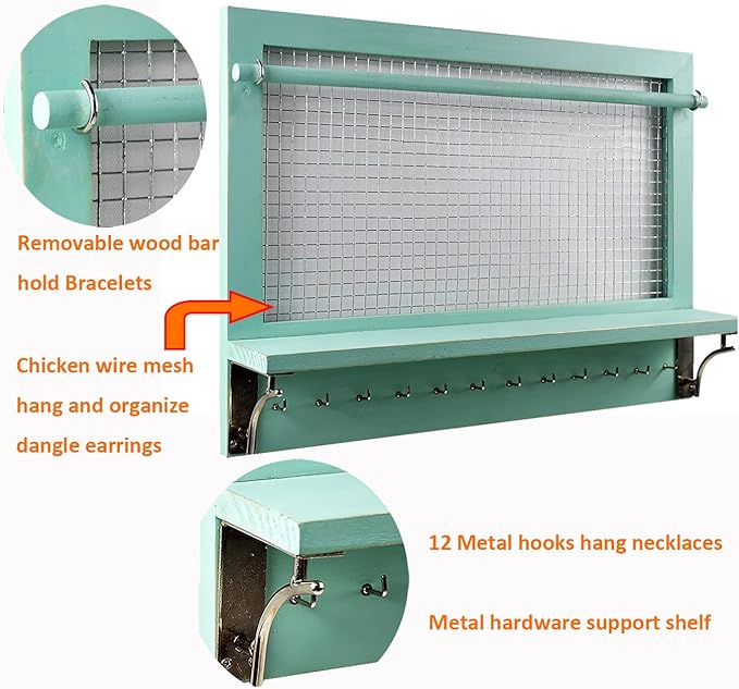 Wall Mount Jewelry Organizer with Shelf, Removable Rod, Hooks, Turquoise, 16.75 x 12 x 3 Inches, Earrings Necklaces Bracelets Rings Display Storage