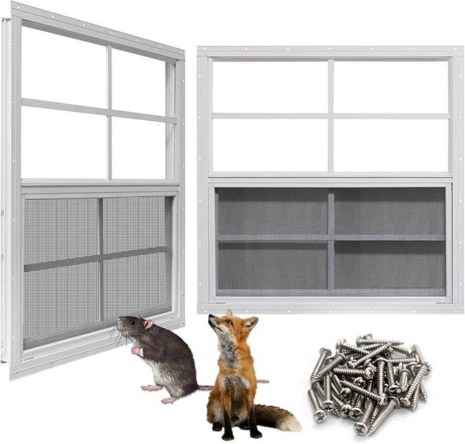 NeatiEase Upgraded Shed Windows 2 Pack, 24" x 36" Windows with Tempered Glass and Stainless Steel Screen for Shed, Chicken Coop, Playhouse, Household, Garage(White)