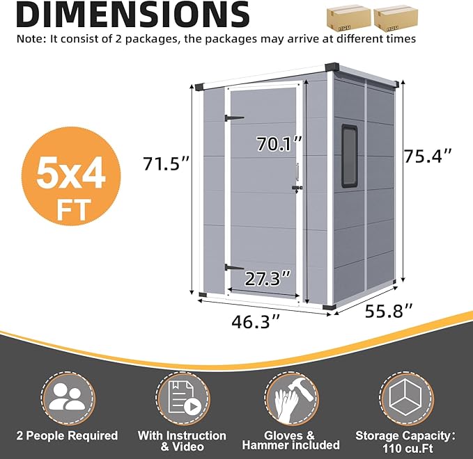 MELLCOM 5 x 4 FT Outdoor Storage Tool Shed with Windows and Lockable Door, Resin Outdoor Storage Shed with Floor, Resin Garden Shed for Garbage Can, Lawnmower, Bike