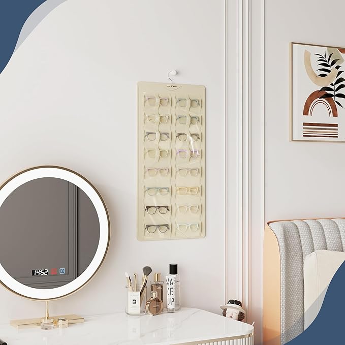 Hanging Sunglasses Organizer and Storage, Dual-Sided Sunglasses Case and Jewelry Holder, Wall-Mounted, 32 Clear Slots, Dust-Proof, Roof Design for Travel, Beige