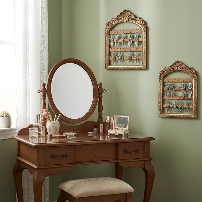 2 Pcs Wall Hanging Earring holder Organizers Vintage Arched Frame 4 Layer Wall Mounted Jewelry Holder Decorative Retro Baroque Stud Earring Display Gift (Gold,10 x 6.9'' & 13 x 9.3'')