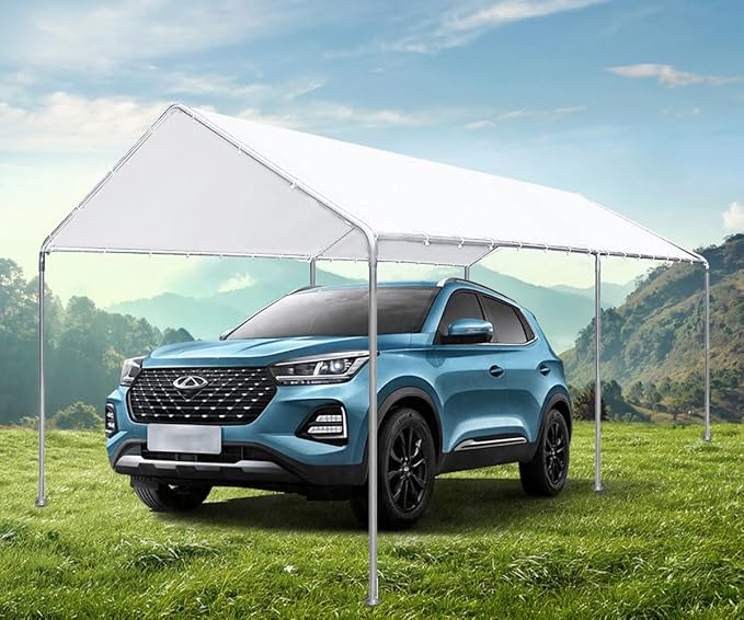 10'x20' Carport Replacement Canopy Cover for Top Tent Shelter Tarp with Ball Bungees White (Only Top Cover, Frame is not Included)