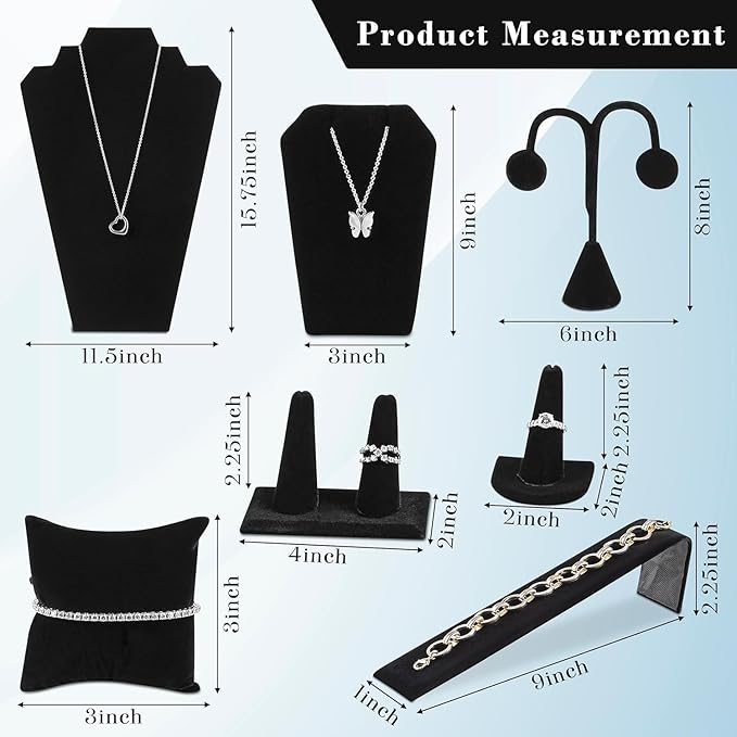 Novel Box Black Velvet 11 Pieces Jewelry Display Set for Necklaces, Bracelets, Rings, Earrings, Pendants & Watches - Jewelry Displays Set Organizer for Selling or Personal Use