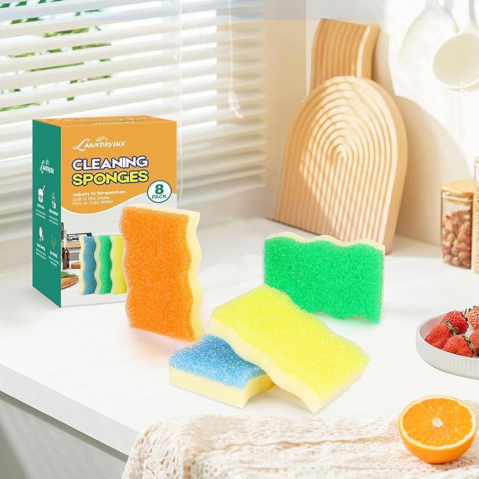 Scrub Sponge, 4 Pack Dual-Sided Temperature-Responsive Scrubber - Non-Scratch - Multipurpose Dish Sponges for Kitchens, Bathrooms, and Outdoor Use - Wave-Shaped