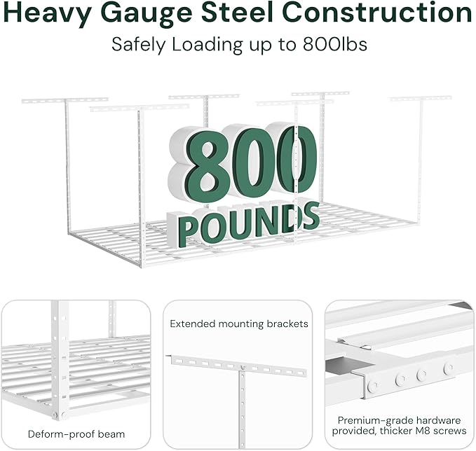 SunsGrove 2x8 Garage Overhead Storage Rack, Adjustable Heavy Duty Hanging Garage Storage Shelves, Ceiling Mounted Storage Racks, 800LBS Weight Capacity, 22"-40" Ceiling Dropdown, 2 Packs, White