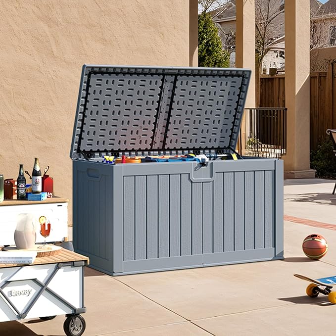 Patiowell 230 Gallon Large Deck Box, Outdoor Lockable Storage Box with Divider, Waterproof and UV-Resistant Deck Box for Patio Furniture and Garden Tools, Grey