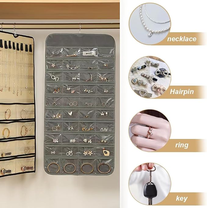Hanging Jewelry Organizer,80+48 Clear Pockets and 8 Hooks for Jewelries Dual-Sided Display Holder,Wardrobe Storage Holder with Hook for Storing Jewelries Earrings Necklaces Rings Bracelets Glasses
