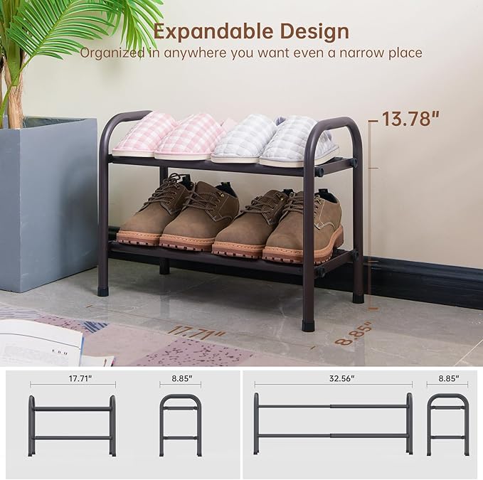 Gonfoam 2-Tier Expandable Shoe Rack,Adjustable Shoe Shelf Storage Organizer Heavy Duty Metal Free Standing Shoe Rack for Entryway Closet Doorway (Bronze)