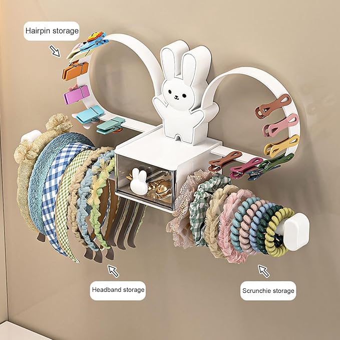 Cartoon Rabbit Hair Accessories Holder Wall Mount Headband Hair Tie Clip Headwear Hair Bows Display Stand Organizer White