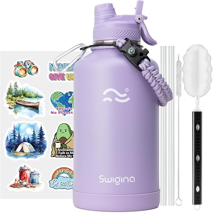 [2-IN-1 LID] 64 oz Insulated Water Bottle with Silicone Boot (48hrs Cold/24hrs Hot) - DIY Stickers, Leakproof, BPA Free, Half Gallon