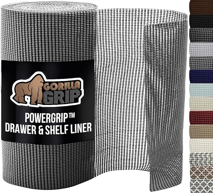 GORILLA GRIP powerGRIP Drawer Shelf and Cabinet Liner, Thick Strong Hold, Non-Adhesive Liners Protect Kitchen Cabinets and Cupboard, Bathroom Drawers, Easy Install, Breathable Mat, 20" x10', Gray