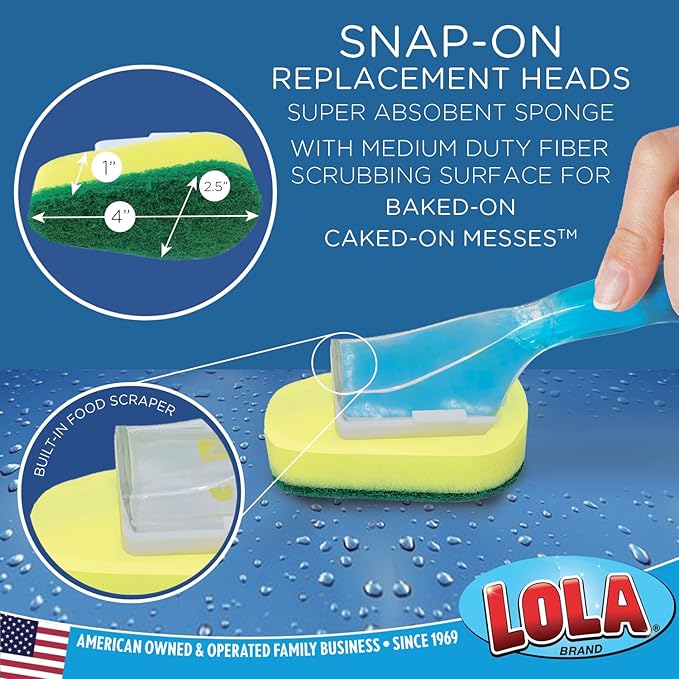 LOLA Dish Brush w/Soap Dispenser Wand, 1 Brush w/Head & 6 Refills, Absorbent Sponge Scrubber, No Leaking. Clean Dishes, Sinks and Cookware (Pack of 2)