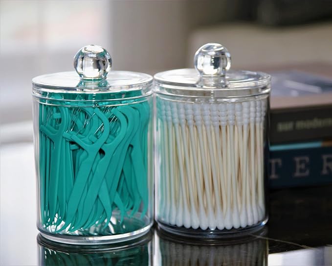 3 Pack Qtip Holder Storage Canister for Cotton Ball, Cotton Swab, Pads, Floss; 10-Ounce Clear Plastic Apothecary Jar with Lid, Bathroom Makeup Organizer (3)