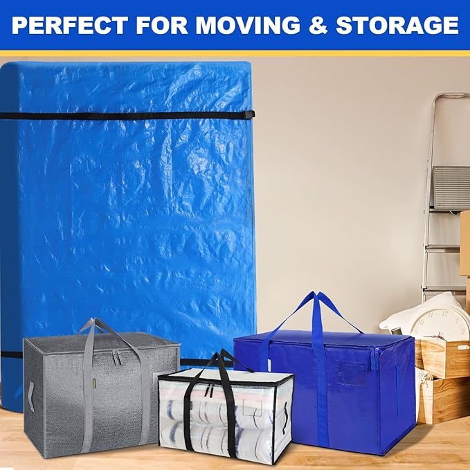 TICONN Mattress Bags for Moving, Heavy Duty Queen Mattress Cover Storage Bag with Full-Around Handle and Adjustable Buckles (Blue, Queen)