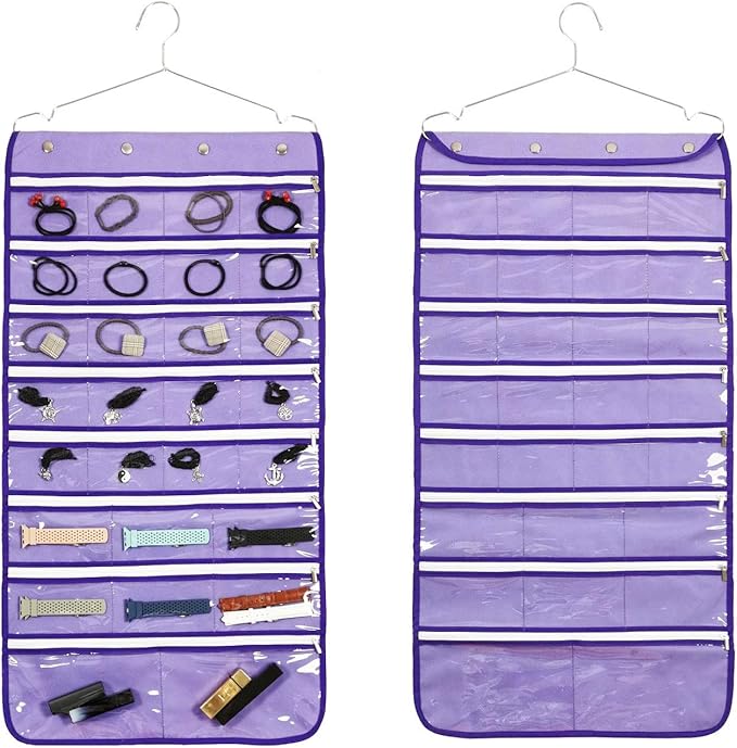 Dual Sided Hanging Jewelry Organizer with Hanger for Closet Necklace Earrings Bracelet Ring Travel Holder (56 Zippered Clear Pockets Purple)