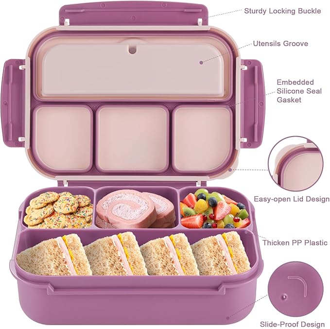 Bento Box Adult Lunch Box, Lunch Containers for Kids Girls Boys with 4 Compartments, Lunchable Food Container with Utensils, Sauce Jar, Muffin Liners, 40 Oz/5 Cup, Dark Purple