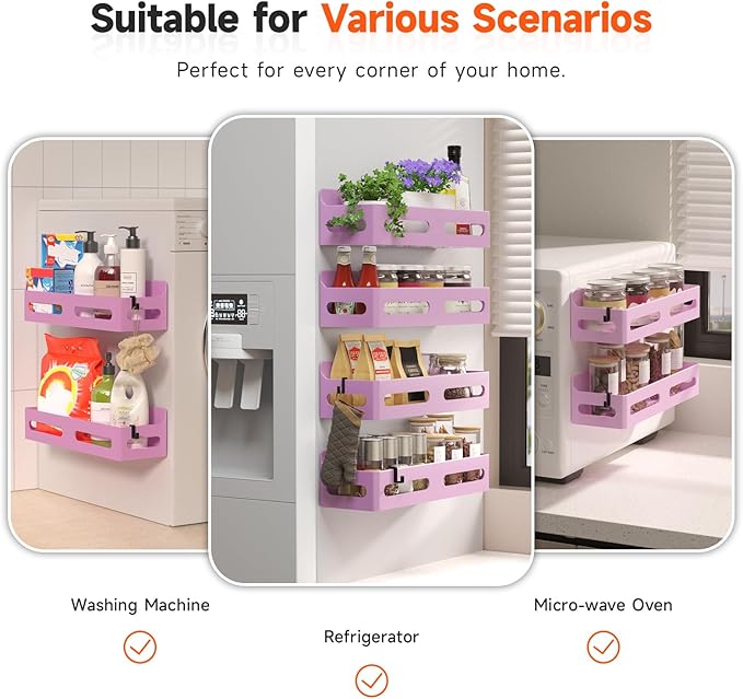 4 Pack Strong Magnetic Spice Rack for Refrigerator, Multipurpose Magnetic Shelf for Fridge with 4 Hooks for kitchen and Bathroom Organization, Pink