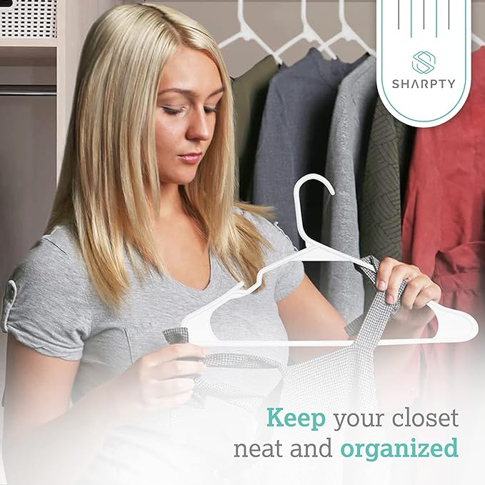 Sharpty Plastic Hangers, 50 Pack, Slim, Space Saving, Heavy Duty, White
