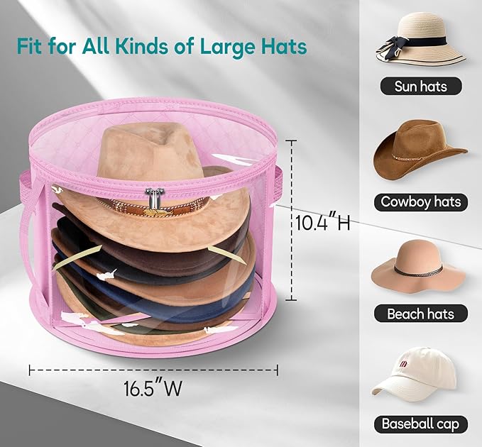 AOODA Oversized Clear Hat Storage Bag for Women, Holds up to 7 Caps Cowboy Hat Organizer for Closet, Wide Brims Hat Case with Carrying Handles (Pink)
