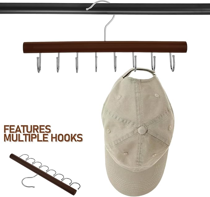 Wooden Tie Rack Hanger with 8 Multifunctional Hooks for Belts Pants Scarves Purse Organizer Space-Saving Closet Accessory Vintage Round Design