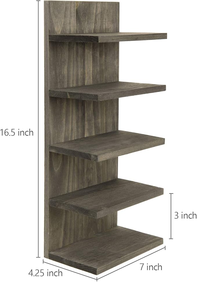 MyGift 5 Tier Vintage Gray Solid Wood Sunglasses Holder Rack, Wall Mounted Eye Glasses Shelf or Tabletop Display Stand, Retail Eyewear Showcase Storage Organizer